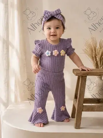 Conjunto para bebé purpura, pantalón acampanado, Verano, 3 Piezas. - foto 2