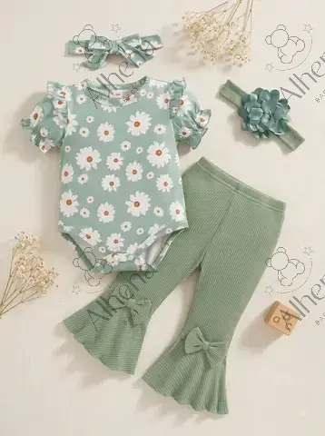 Conjunto para bebé verde pantalón acampanado, Verano, 3 Piezas. - foto 3