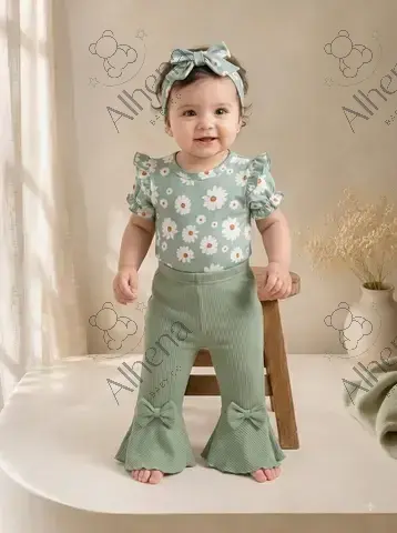 Conjunto para bebé verde pantalón acampanado, Verano, 3 Piezas. - foto 2