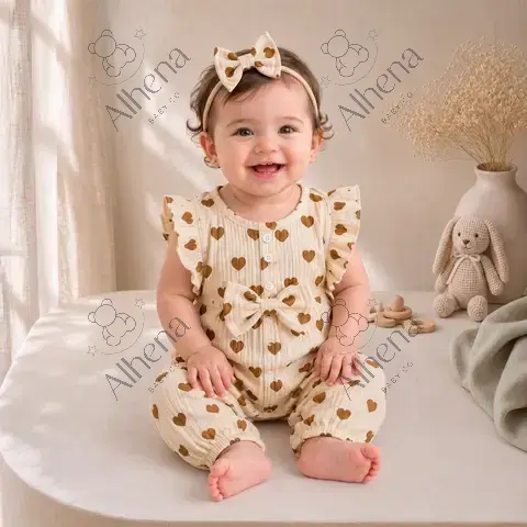 Enterizo para bebé beige/corazones, Verano, 2 piezas. - foto 2