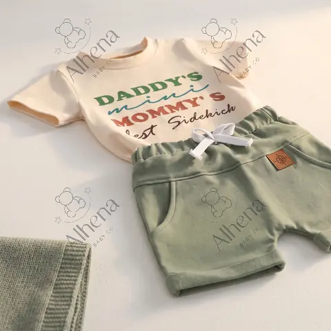 Conjunto para bebé beige/verde estampado, Verano, 2 piezas. - foto 4