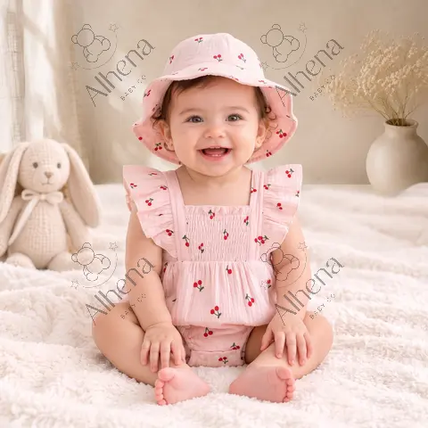 Mameluco para bebé rosa/cereza con sombrero, Verano, 2 piezas. - foto 2