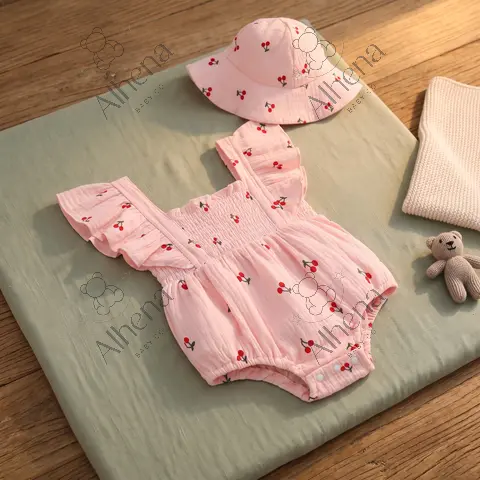 Mameluco para bebé rosa/cereza con sombrero, Verano, 2 piezas. - foto 4